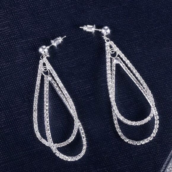 💎A118💎 STUNNING SILVER PLATED INLAID DIAMOND LONG DROP SHAPED EARRINGS - Picture 1 of 7